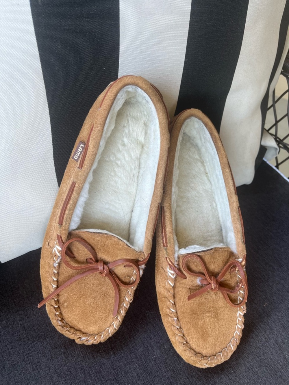 Lamo Women's Chestnut Brown Suede Moccasin Slippers with Sherpa